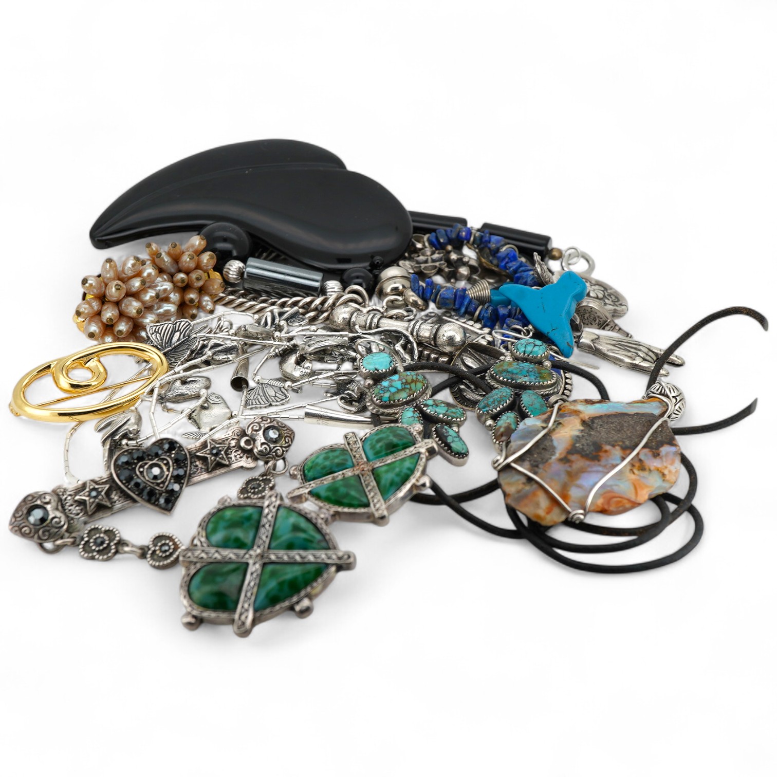 A small quantity of assorted silver and costume jewellery, including a French drop brooch and necklace by Zoe Coste, a rough cut opal set necklace and a pair of silver and turquoise drop earrings by Ron Wesley